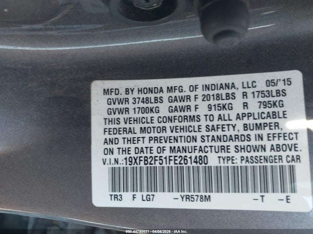 2015 HONDA CIVIC 19XFB2F51FE261480 Photo 8