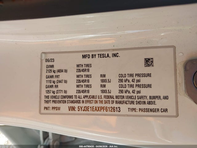 Продаж на аукціоні авто 2023 Tesla Model 3 Rear-wheel Drive, vin: 5YJ3E1EAXPF612613, номер лоту: 44790435