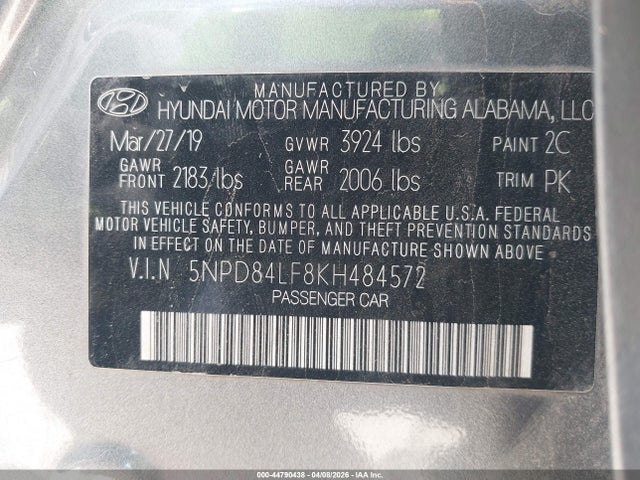 2019 Hyundai Elantra Sel მანქანა იყიდება აუქციონზე, vin: 5NPD84LF8KH484572, აუქციონის ნომერი: 44790438
