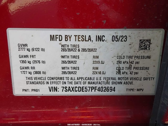 44790461 :رقم المزاد ، 7SAXCDE57PF402694 vin ، 2023 Tesla Model X Dual Motor All-wheel Drive/standard Range مزاد بيع