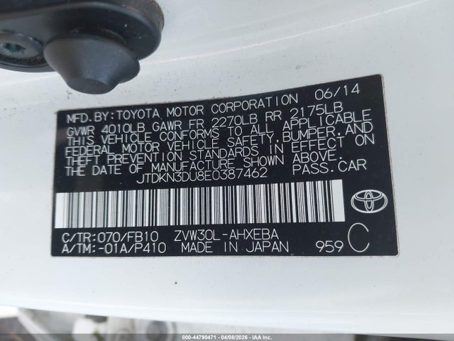 JTDKN3DU8E0387462 Toyota Prius Two