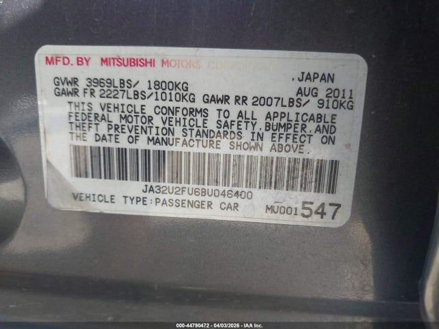 Продаж на аукціоні авто 2011 Mitsubishi Lancer Es, vin: JA32U2FU6BU046400, номер лоту: 44790472