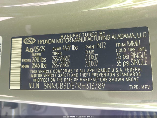 44790493 :رقم المزاد ، 5NMJB3DE7RH313789 vin ، 2024 Hyundai Tucson Sel مزاد بيع