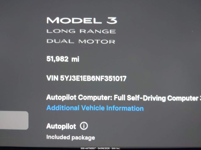 Aukcja sprzedaży 2022 Tesla Model 3 Long Range Dual Motor All-wheel Drive, vin: 5YJ3E1EB6NF351017, numer aukcji: 44790507
