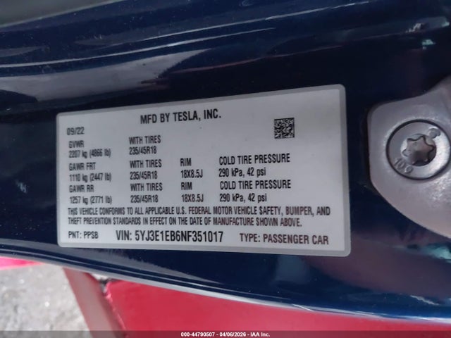 Aukcja sprzedaży 2022 Tesla Model 3 Long Range Dual Motor All-wheel Drive, vin: 5YJ3E1EB6NF351017, numer aukcji: 44790507