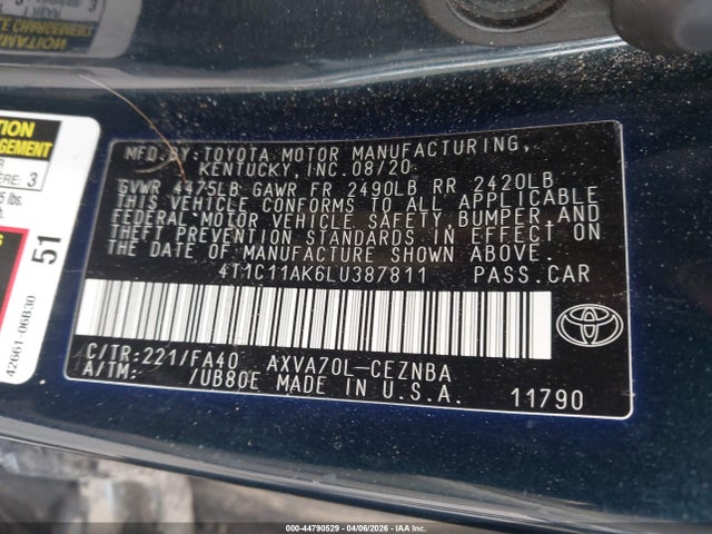 2020 Toyota Camry Le მანქანა იყიდება აუქციონზე, vin: 4T1C11AK6LU387811, აუქციონის ნომერი: 44790529