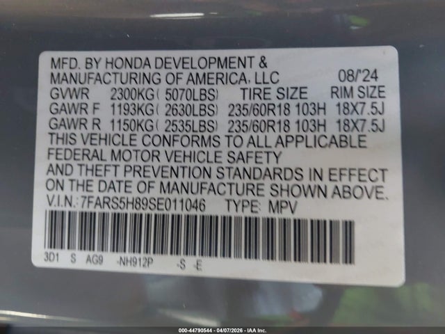 Продажа на аукционе авто 2025 Honda Cr-v Hybrid Sport-l, vin: 7FARS5H89SE011046, номер лота: 44790544