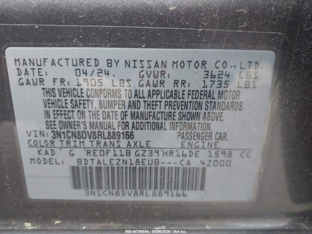 3N1CN8DV8RL889166 Nissan Versa 1.6 S