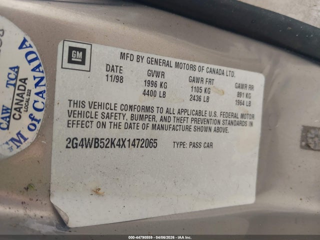 44790559 :رقم المزاد ، 2G4WB52K4X1472065 vin ، 1999 Buick Regal Ls مزاد بيع