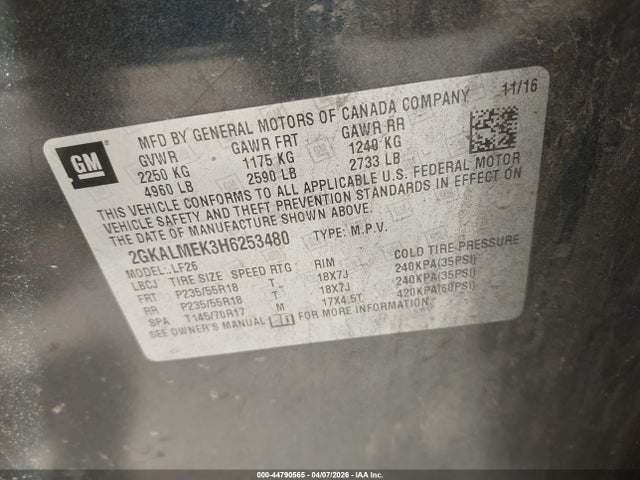 Продаж на аукціоні авто 2017 Gmc Terrain Sle-1, vin: 2GKALMEK3H6253480, номер лоту: 44790565