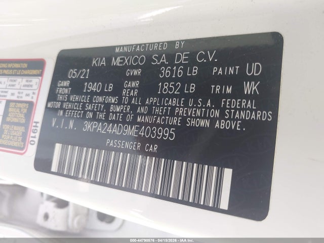 Aukcja sprzedaży 2021 Kia Rio S, vin: 3KPA24AD9ME403995, numer aukcji: 44790576