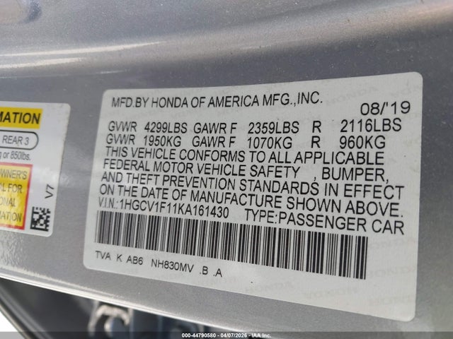 Aukcja sprzedaży 2019 Honda Accord Lx, vin: 1HGCV1F11KA161430, numer aukcji: 44790580