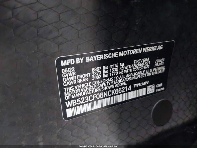44790585 :رقم المزاد ، WB523CF06NCK66214 vin ، 2022 Bmw Ix Xdrive50 مزاد بيع