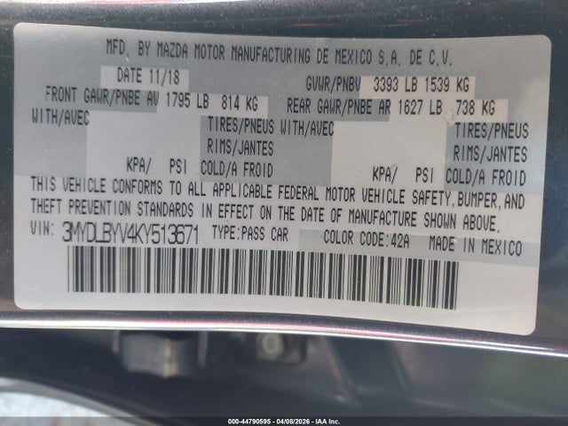 3MYDLBYV4KY513671 Toyota YARIS LE