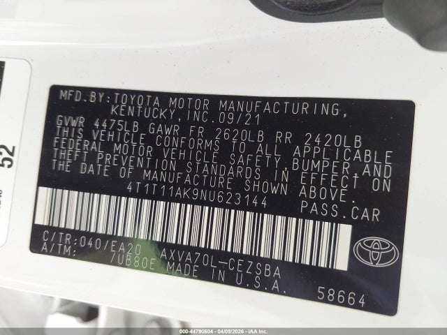 Auction sale of the 2022 Toyota Camry Se, vin: 4T1T11AK9NU623144, lot number: 44790604
