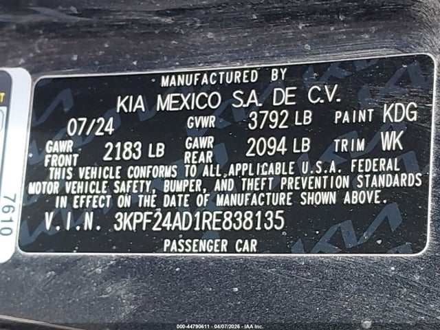 Продаж на аукціоні авто 2024 Kia Forte Lxs, vin: 3KPF24AD1RE838135, номер лоту: 44790611