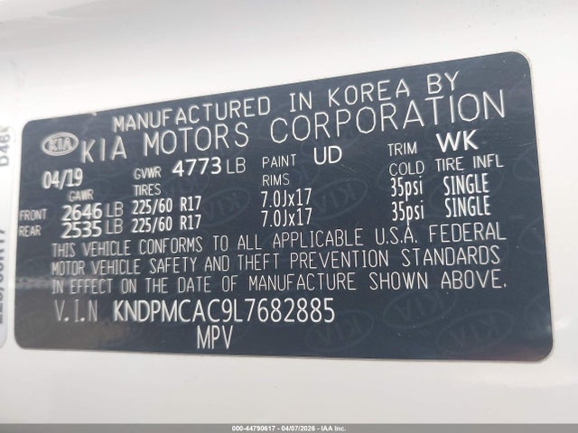 2020 Kia Sportage Lx მანქანა იყიდება აუქციონზე, vin: KNDPMCAC9L7682885, აუქციონის ნომერი: 44790617
