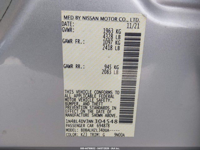 Продаж на аукціоні авто 2022 Nissan Altima Sv Fwd, vin: 1N4BL4DV3NN304548, номер лоту: 44790632