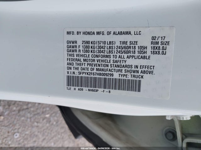 Продажа на аукционе авто 2017 Honda Ridgeline Rtl-t, vin: 5FPYK2F67HB009299, номер лота: 44790636