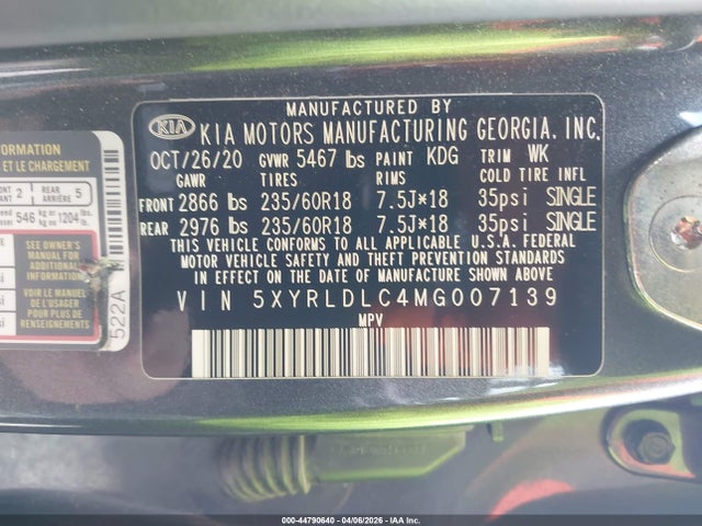 Продажа на аукционе авто 2021 Kia Sorento S, vin: 5XYRLDLC4MG007139, номер лота: 44790640
