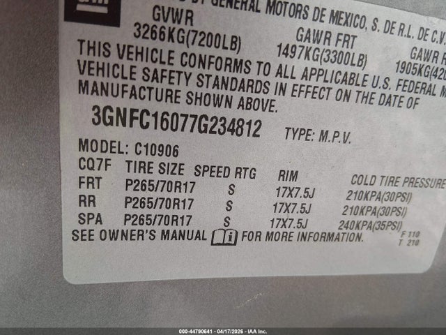 Продажа на аукционе авто 2007 Chevrolet Suburban 1500 Ls, vin: 3GNFC16077G234812, номер лота: 44790641