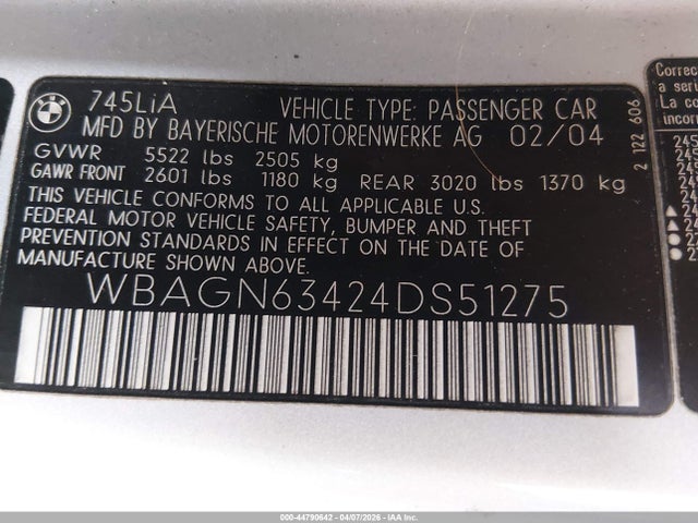 44790642 :رقم المزاد ، WBAGN63424DS51275 vin ، 2004 Bmw 745li مزاد بيع