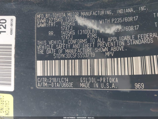 5TDYK3DC5FS553719 Toyota Sienna Xle 8 Passenger