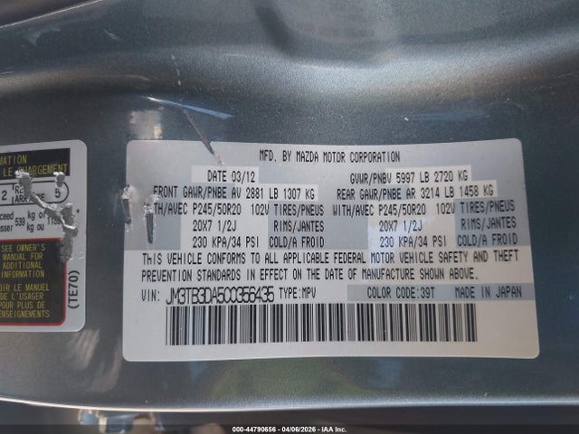44790656 :رقم المزاد ، JM3TB3DA5C0356435 vin ، 2012 Mazda Cx-9 Grand Touring مزاد بيع
