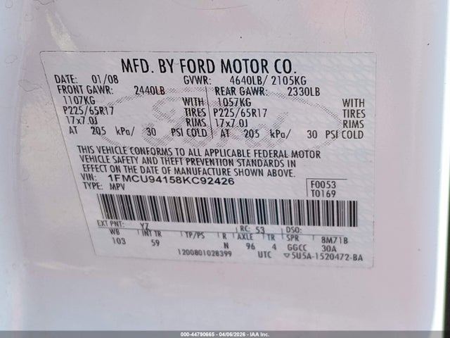 2008 Ford Escape Limited მანქანა იყიდება აუქციონზე, vin: 1FMCU94158KC92426, აუქციონის ნომერი: 44790665