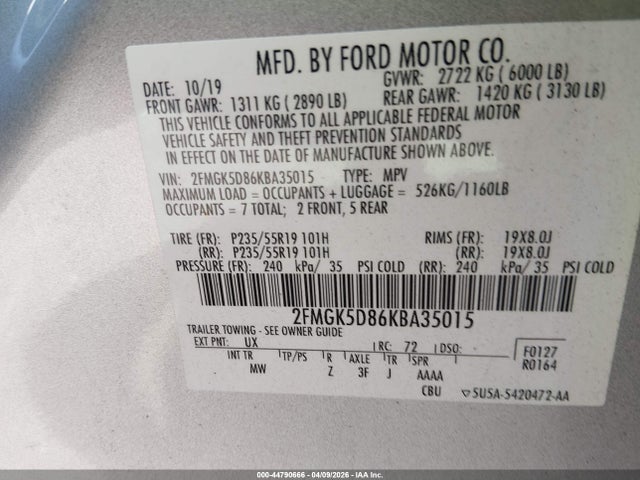 Продажа на аукционе авто 2019 Ford Flex Limited, vin: 2FMGK5D86KBA35015, номер лота: 44790666