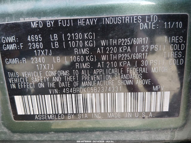Aukcja sprzedaży 2011 Subaru Outback 3.6r Limited, vin: 4S4BRDKC5B2374331, numer aukcji: 44790669
