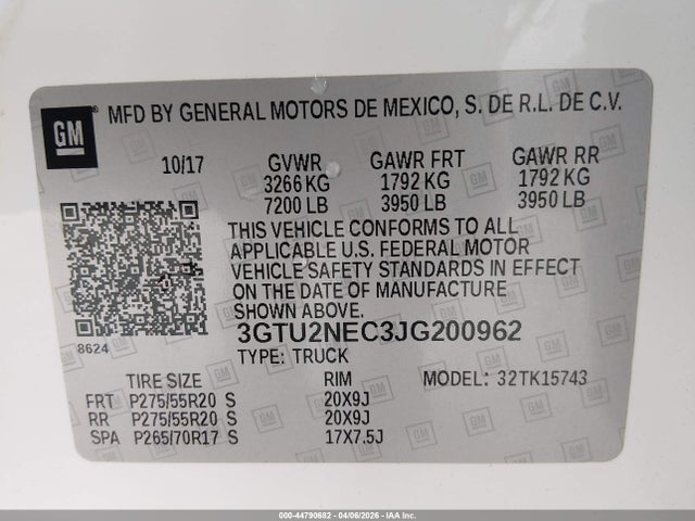 Aukcja sprzedaży 2018 Gmc Sierra 1500 Slt, vin: 3GTU2NEC3JG200962, numer aukcji: 44790682