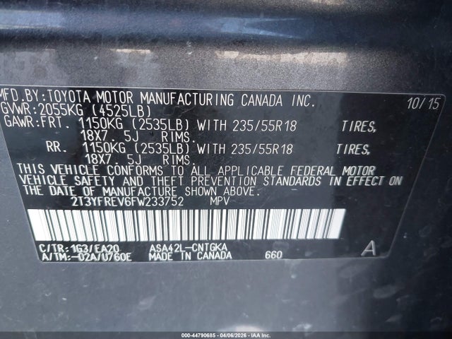 2T3YFREV6FW233752 Toyota Rav4 Limited