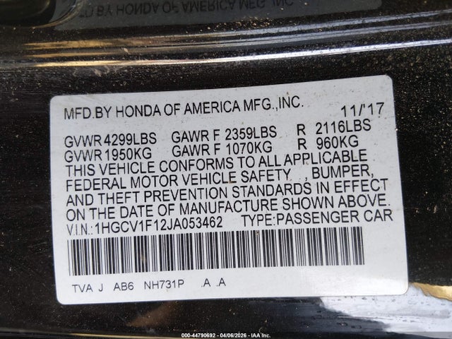 44790692 :رقم المزاد ، 1HGCV1F12JA053462 vin ، 2018 Honda Accord Lx مزاد بيع