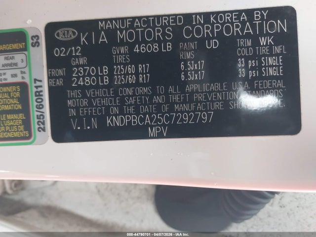 44790701 :رقم المزاد ، KNDPBCA25C7292797 vin ، 2012 Kia Sportage Lx مزاد بيع