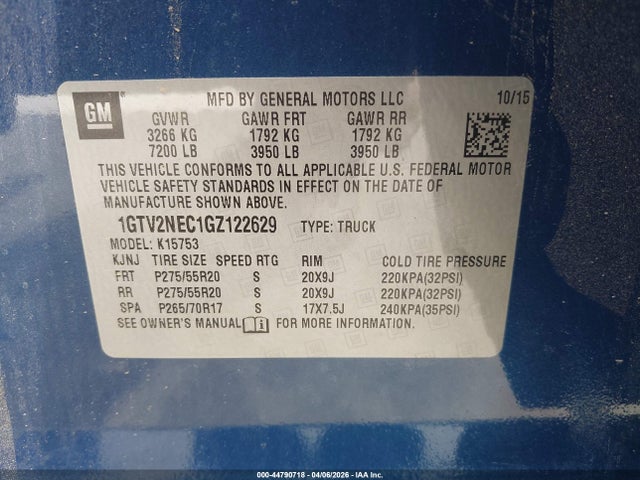 44790718 :رقم المزاد ، 1GTV2NEC1GZ122629 vin ، 2016 Gmc Sierra 1500 Slt مزاد بيع