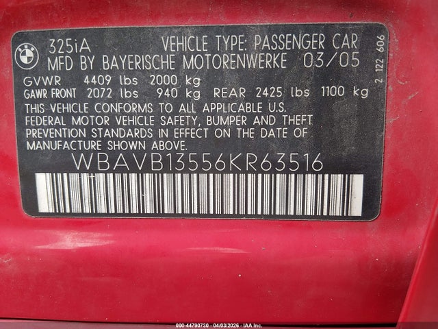 2006 Bmw 325i მანქანა იყიდება აუქციონზე, vin: WBAVB13556KR63516, აუქციონის ნომერი: 44790730
