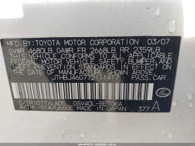 44790732 :رقم المزاد ، JTHBJ46G772111417 vin ، 2007 Lexus Es 350 مزاد بيع