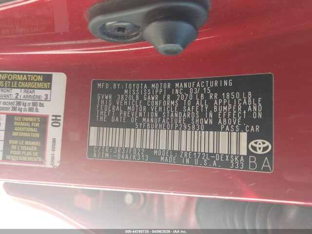 44790735 :رقم المزاد ، 5YFBURHE0FP295830 vin ، 2015 Toyota Corolla S Plus مزاد بيع