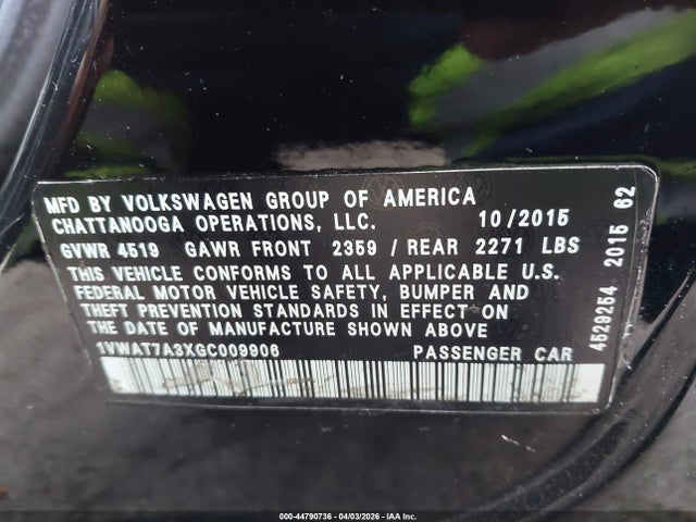 44790736 :رقم المزاد ، 1VWAT7A3XGC009906 vin ، 2016 Volkswagen Passat 1.8t S مزاد بيع