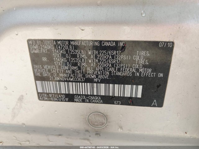 Aukcja sprzedaży 2010 Toyota Rav4 Limited V6, vin: 2T3DK4DV4AW033637, numer aukcji: 44790745