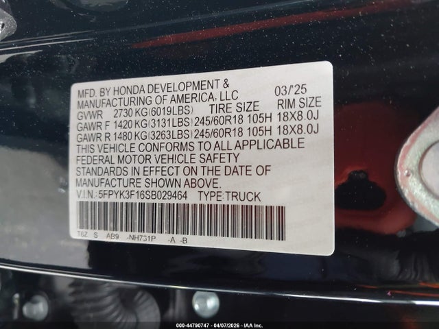 44790747 :رقم المزاد ، 5FPYK3F16SB029464 vin ، 2025 Honda Ridgeline Sport مزاد بيع
