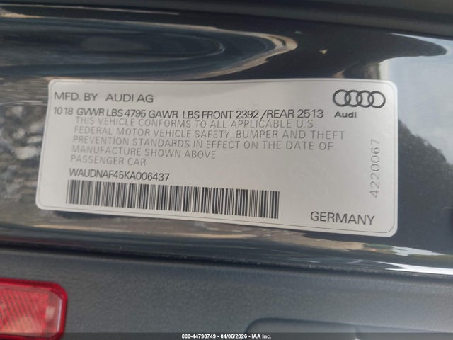 Aukcja sprzedaży 2019 Audi A4 45 Premium, vin: WAUDNAF45KA006437, numer aukcji: 44790749