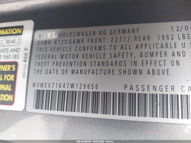 Aukcja sprzedaży 2007 Volkswagen Gti 2-door, vin: WVWEV71K47W129656, numer aukcji: 44790752