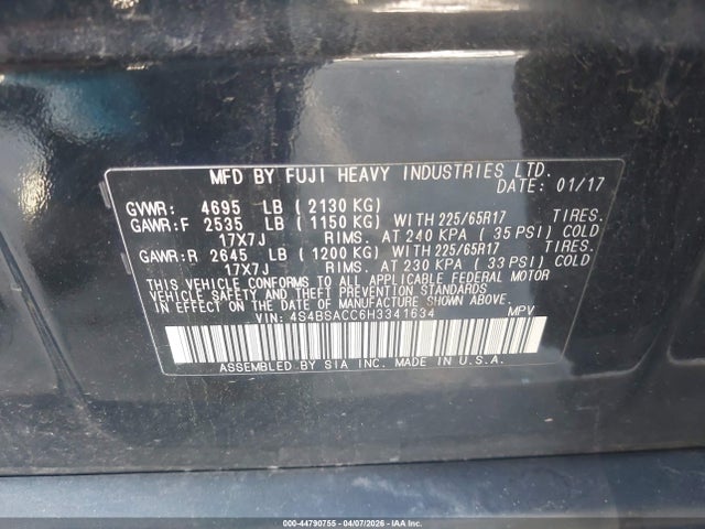 Продажа на аукционе авто 2017 Subaru Outback 2.5i Premium, vin: 4S4BSACC6H3341634, номер лота: 44790755