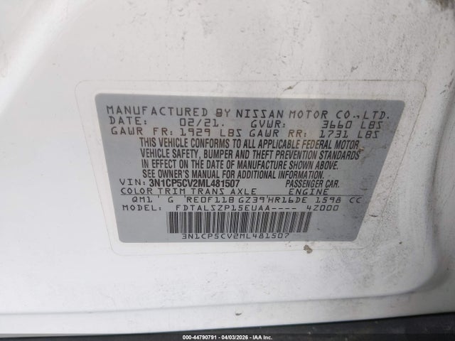 Продаж на аукціоні авто 2021 Nissan Kicks Sv Xtronic Cvt, vin: 3N1CP5CV2ML481507, номер лоту: 44790791
