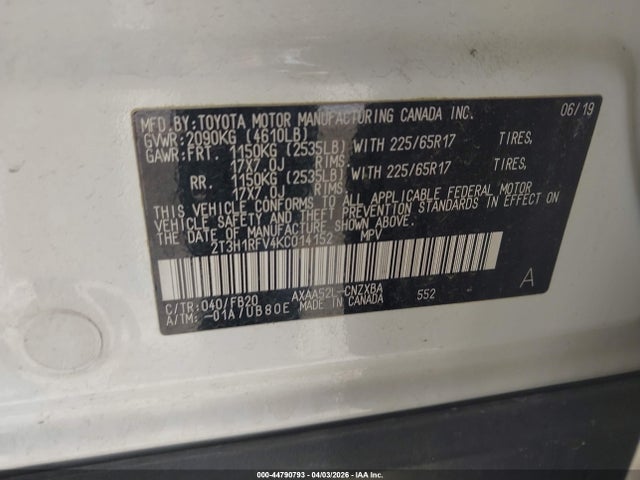 2019 Toyota Rav4 Le მანქანა იყიდება აუქციონზე, vin: 2T3H1RFV4KC014152, აუქციონის ნომერი: 44790793