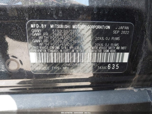 Aukcja sprzedaży 2022 Mitsubishi Outlander Sel 2.5 2wd/sel Special Edition 2wd, vin: JA4J3VA85NZ092541, numer aukcji: 44790795
