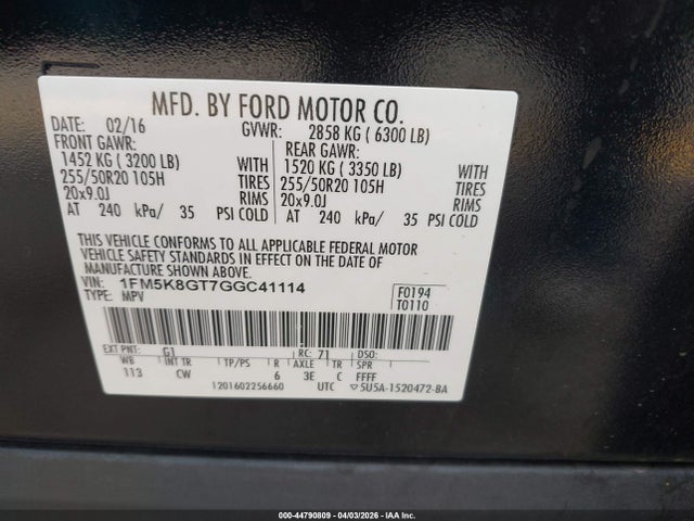 Ford EXPLORER SPORT 2016 1FM5K8GT7GGC41114 Image 9