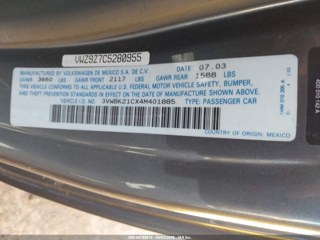 2004 Volkswagen New Beetle Gl მანქანა იყიდება აუქციონზე, vin: 3VWBK21CX4M401885, აუქციონის ნომერი: 44790814